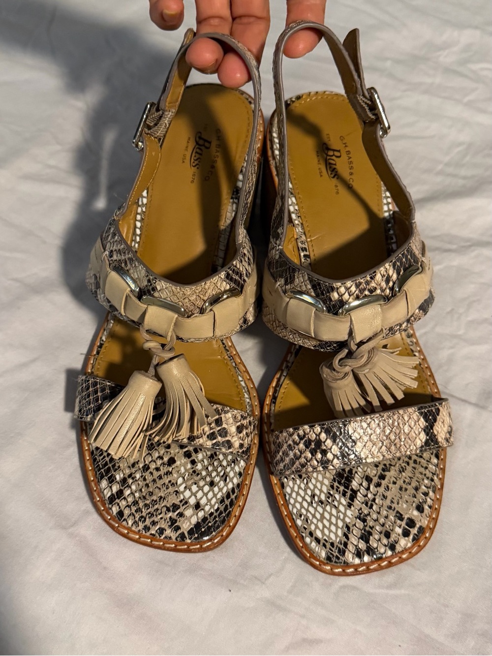 Boss Beige Snake-Print Tassel Slingback Sandals